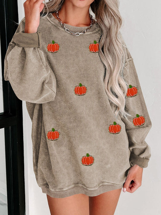 Pumpkin Round Neck Long Sleeve Sweatshirt Dust Storm