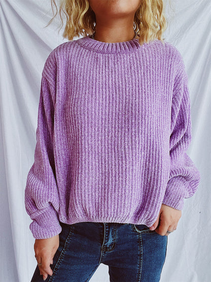 Round Neck Dropped Shoulder Long Sleeve Sweater Lavender One Size