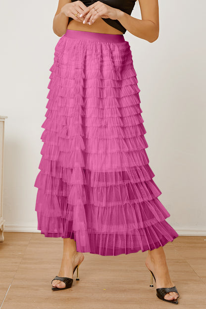 Ruched High Waist Tiered Skirt Pink