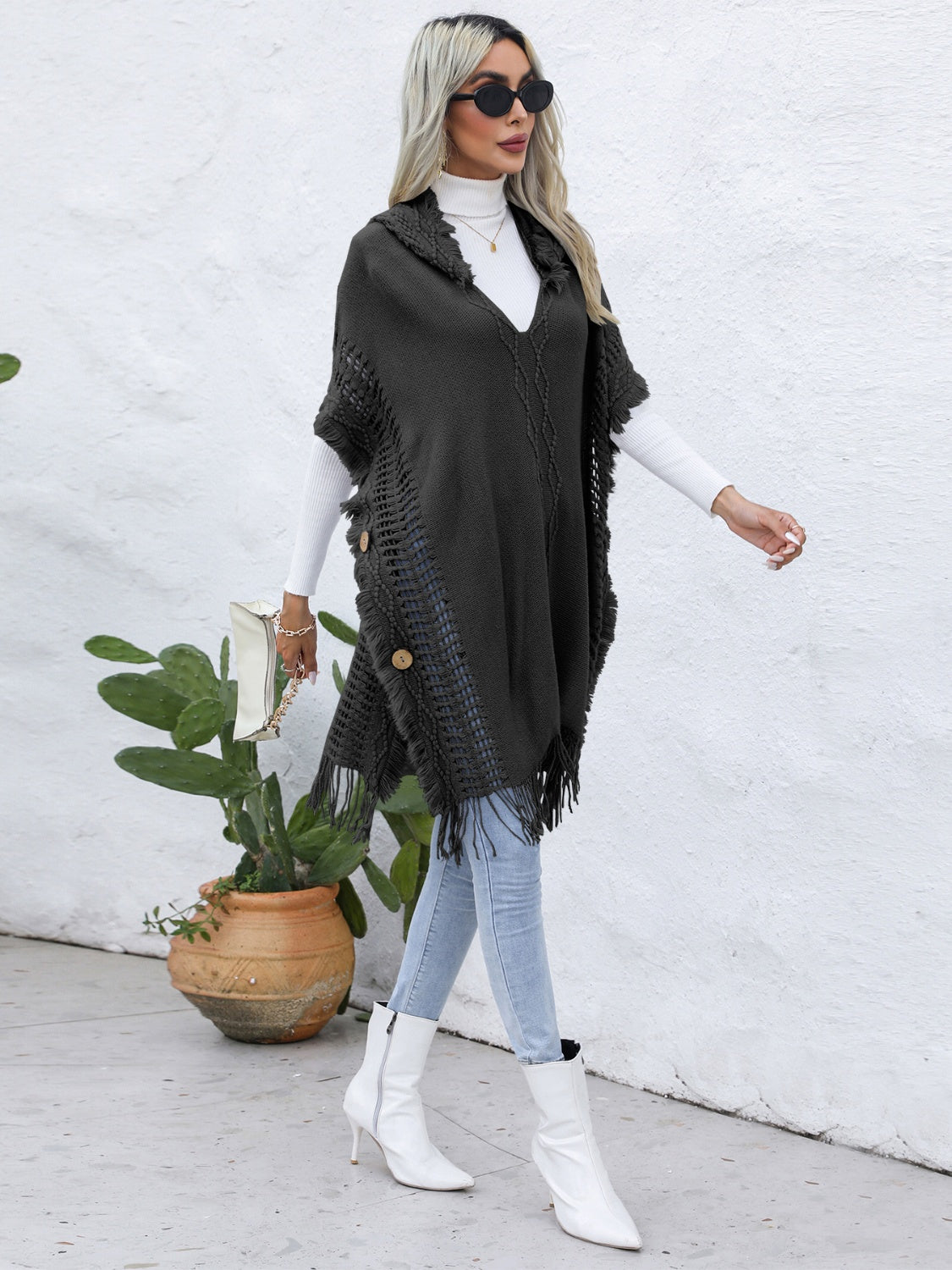 Fringe Trim Buttoned Hooded Poncho - Thandynie