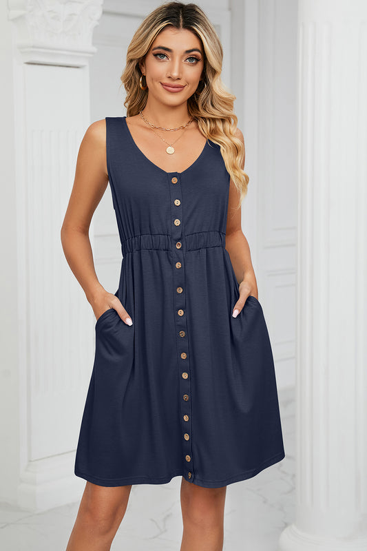 Buttoned Wide Strap Mini Dress Dark Blue