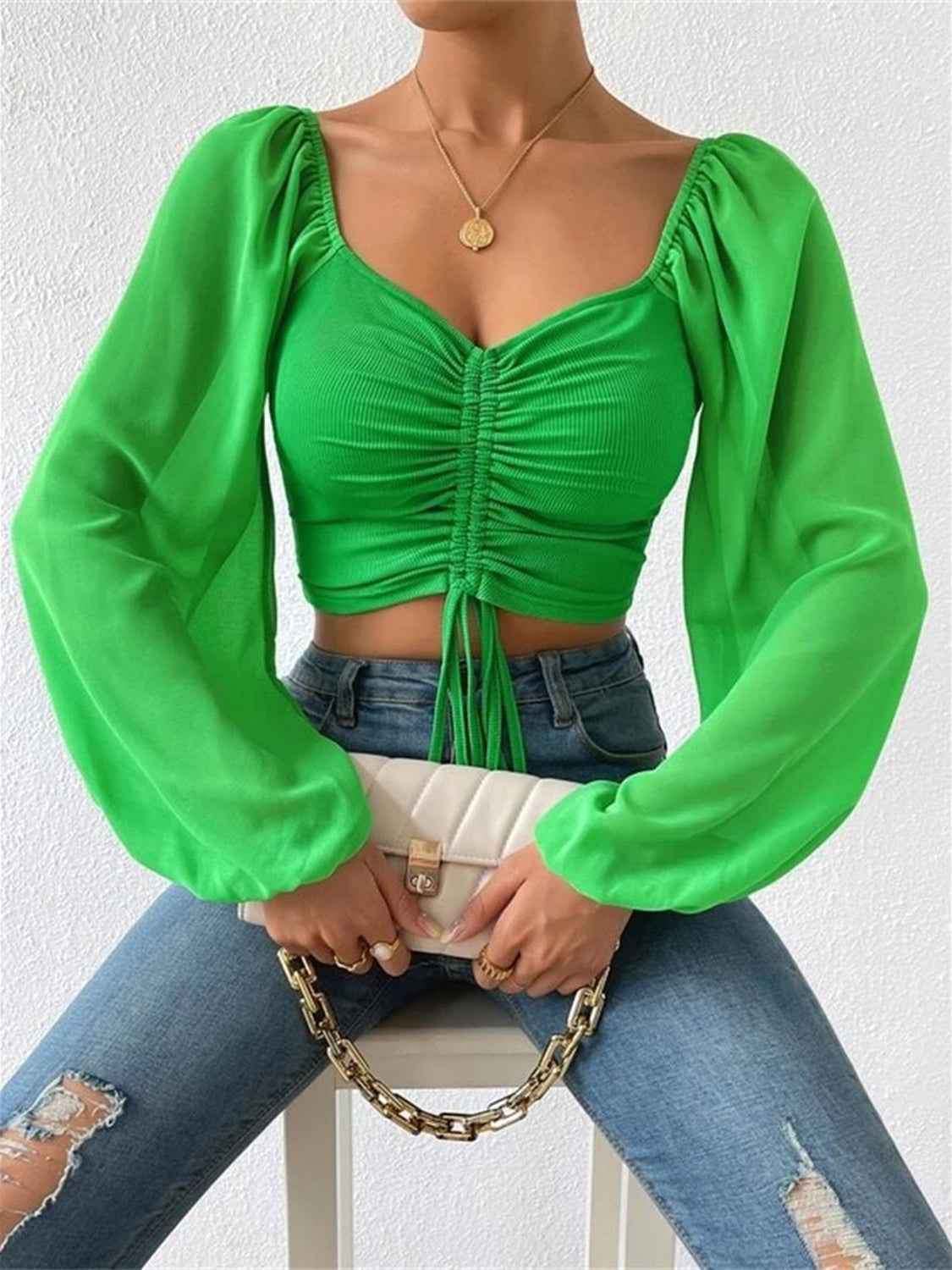 Drawstring Sweetheart Neck Cropped Top Mid Green