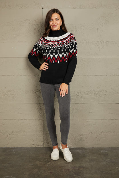 Woven Right Chevron Turtleneck Ribbed Trim Sweater