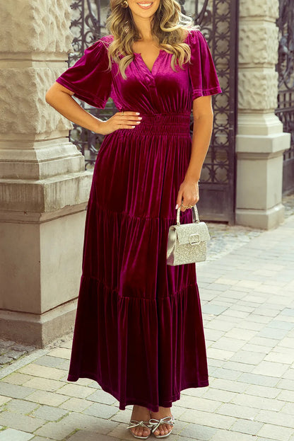 Tiered Notched Short Sleeve Dress with Pockets Cerise