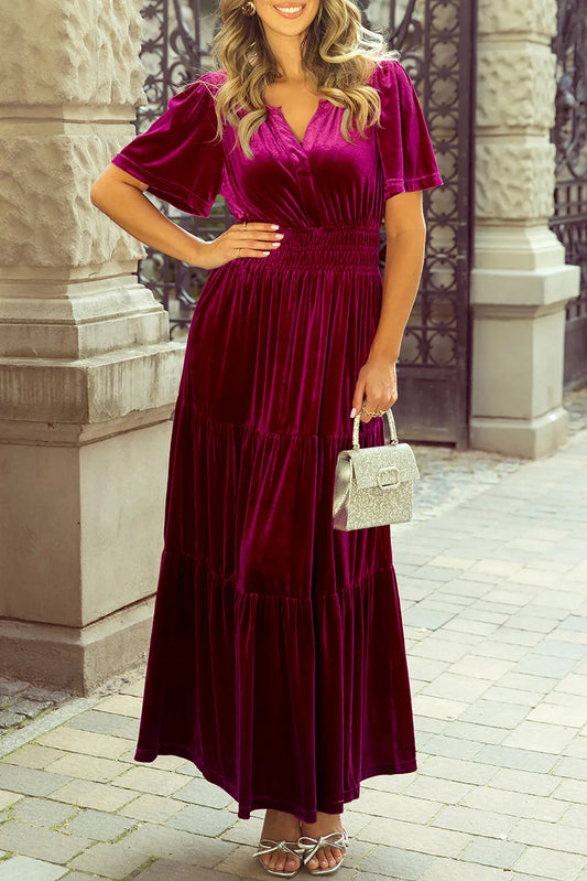 Tiered Notched Short Sleeve Dress with Pockets Cerise