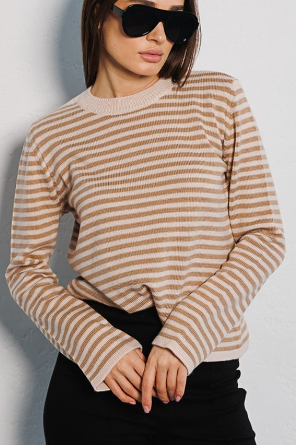 Striped Round Neck Long Sleeve Sweater Khaki