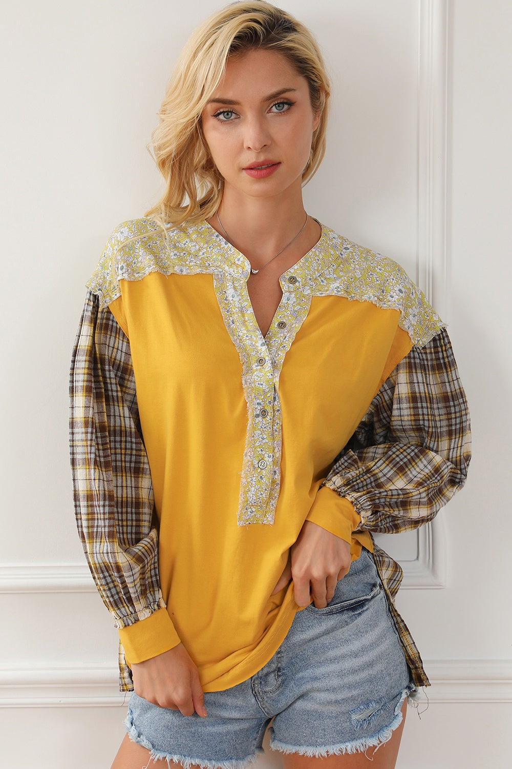 Plaid Notched Neck Slit Blouse | Effortlessly Chic & Comfortable Yellow