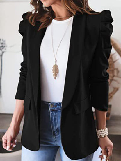 Collared Neck Puff Sleeve Blazer Black