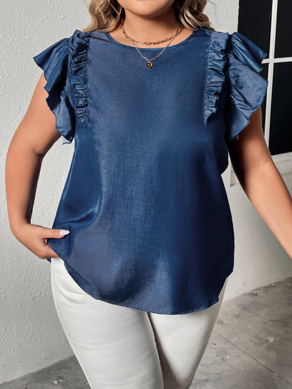 Plus Size Round Neck Flounce Sleeve Frill Trim Blouse Navy