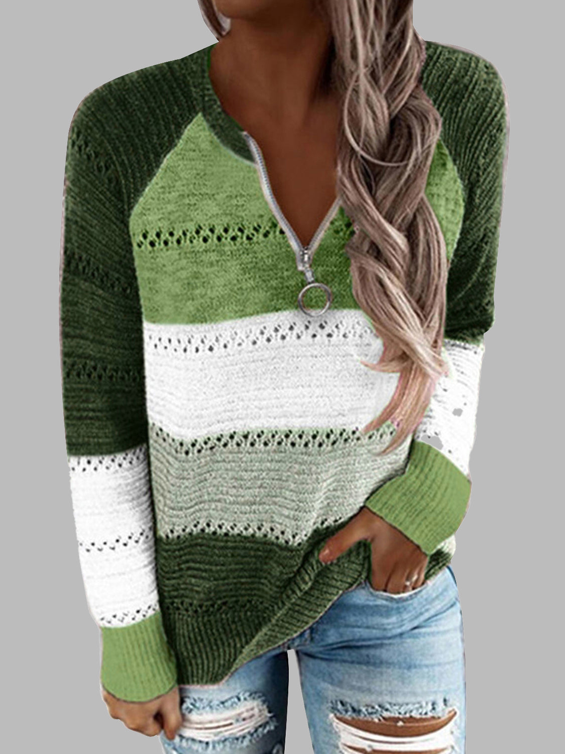 Full Size Color Block Half Zip Sweater Matcha Green