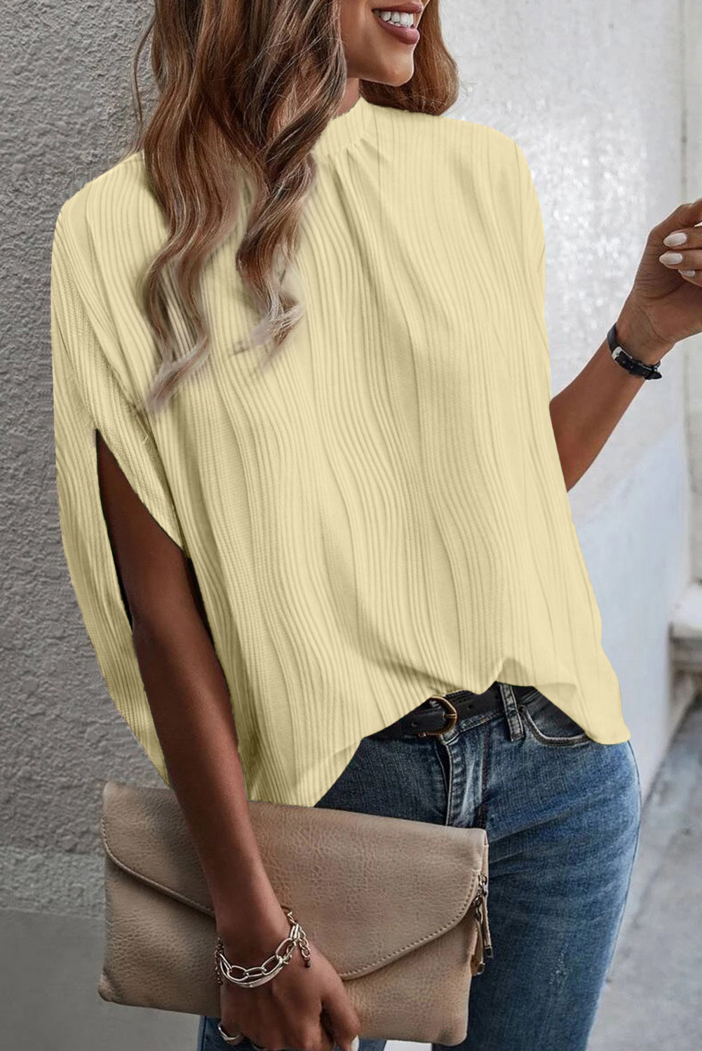 Textured Mock Neck Half Sleeve Blouse Light Yellow