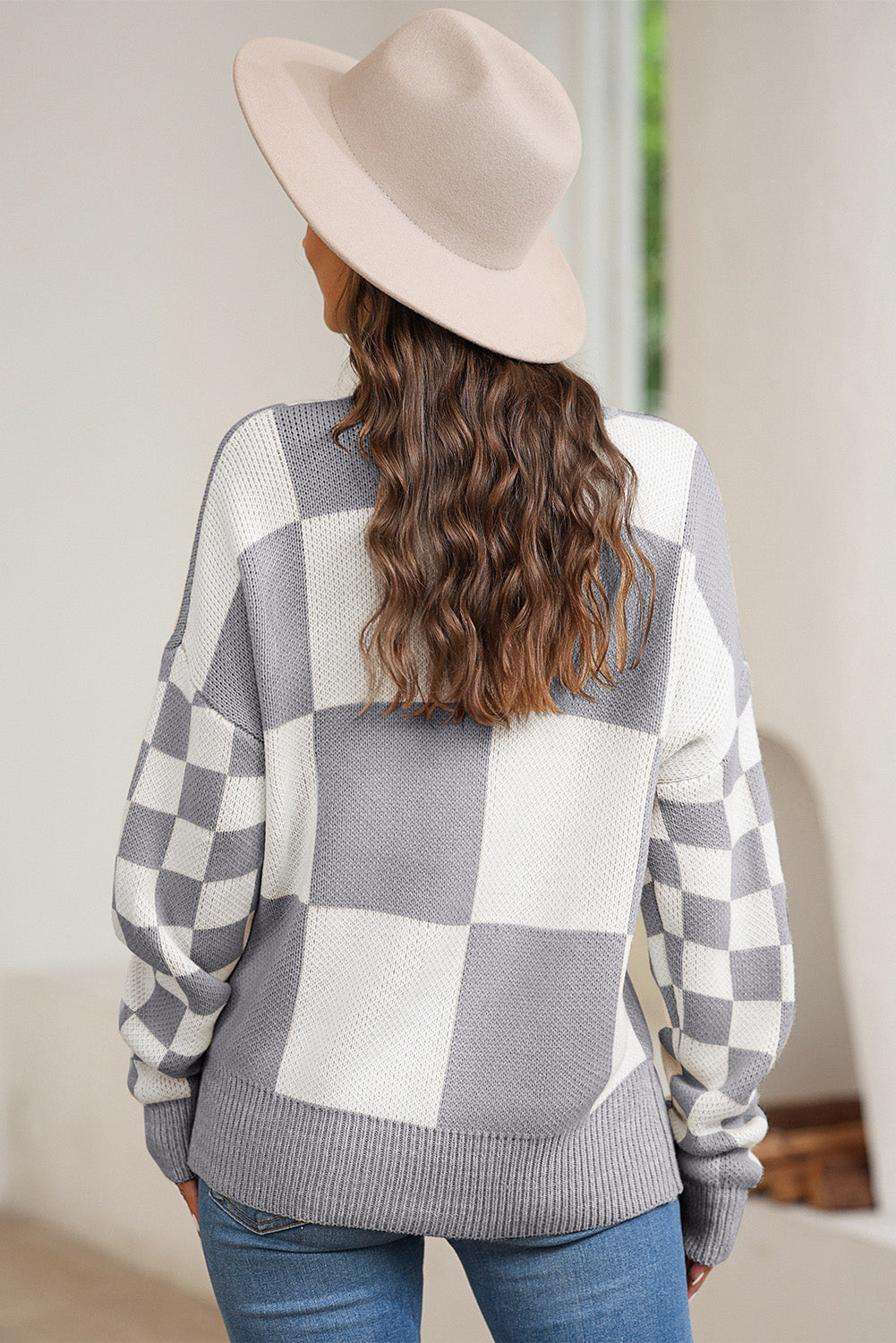 Plaid Round Neck Dropped Shoulder Sweater