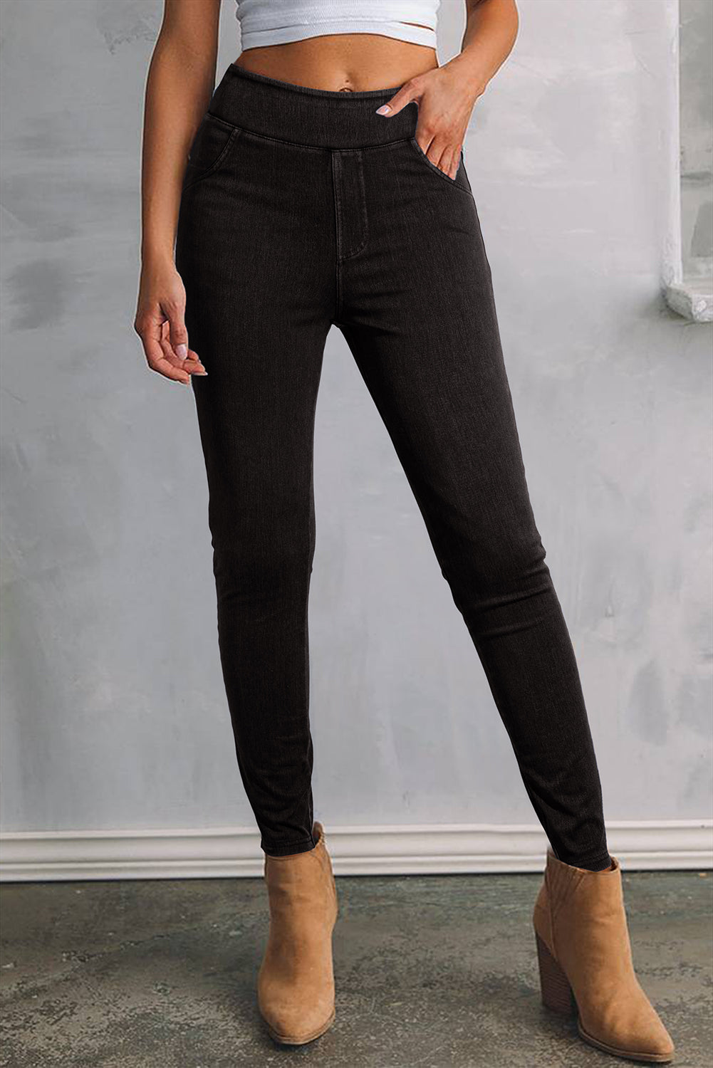 Black Solid Color High Waist Stretchy Slim Fit Jeggings Black 47%Polyester+42%Cotton+11%Elastane