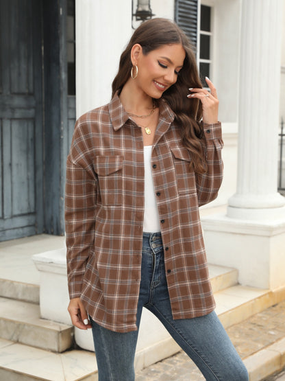 Plaid Button Up Pocketed Shirt Caramel