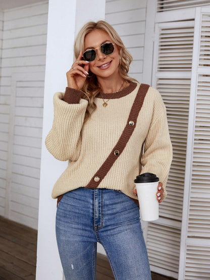 Decorative Button Round Neck Sweater Khaki