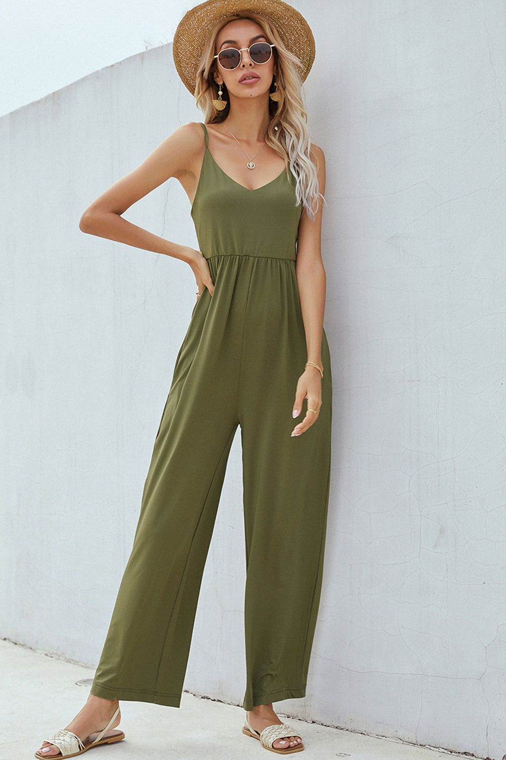 V-Neck Spaghetti Strap Wide Leg Jumpsuit - Thandynie