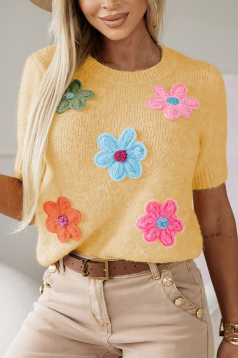 Flower Round Neck Short Sleeve Sweater Pastel Yellow