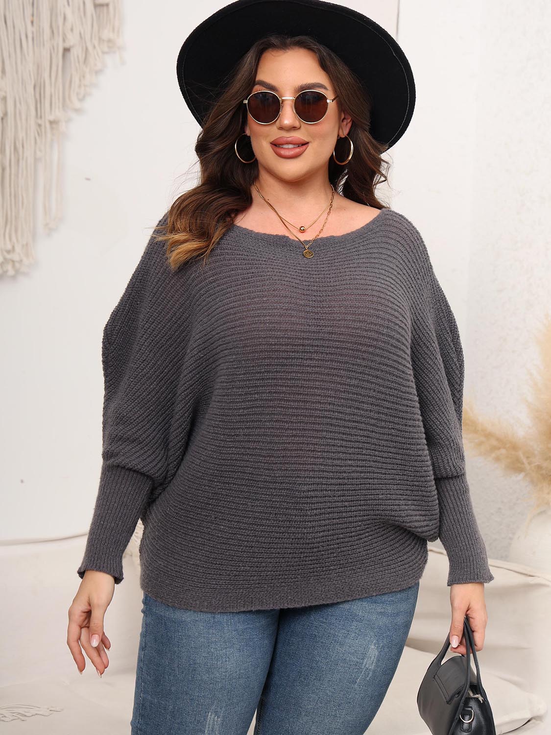 Full Size Boat Neck Batwing Sleeve Sweater Charcoal