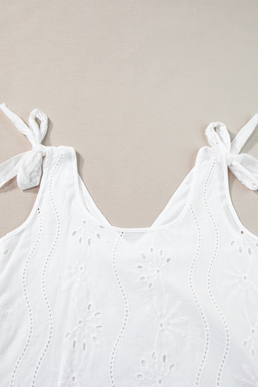 White Embroidery Patterned Knotted Straps V Neck Tank Top