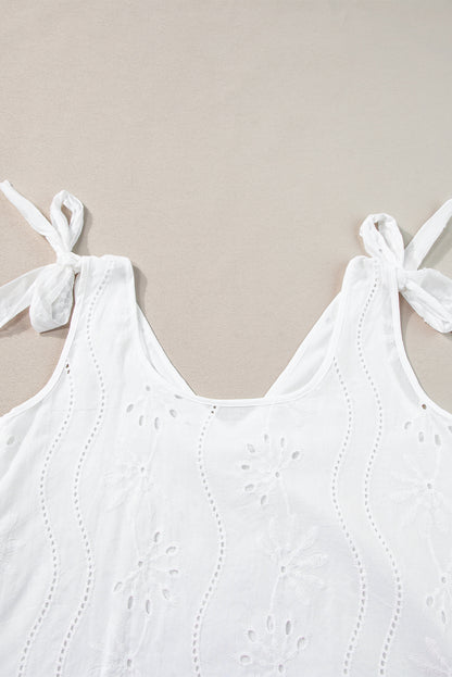 White Embroidery Patterned Knotted Straps V Neck Tank Top