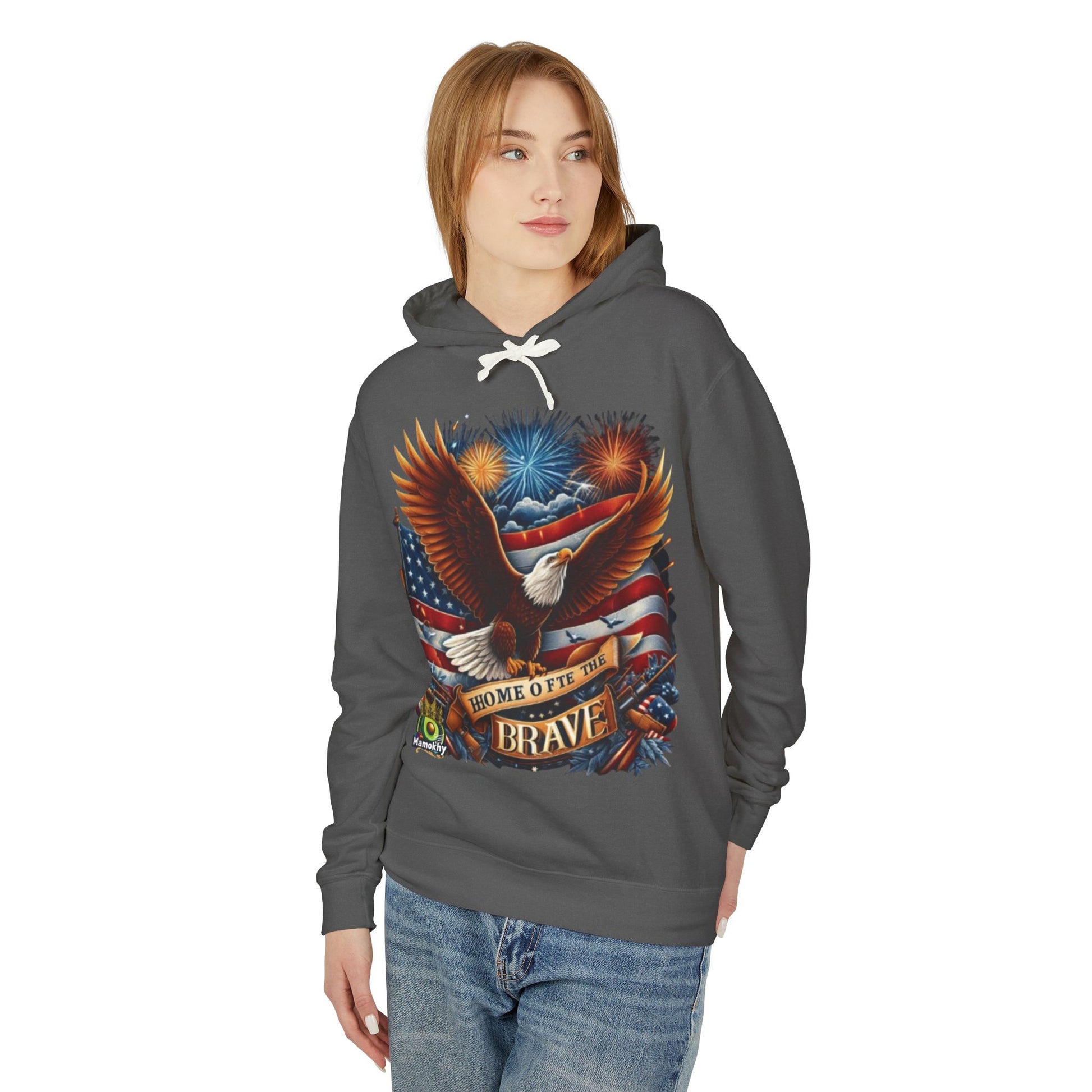 Hooded Sweatshirt - 'Home of the Brave' Bald Eagle Fireworks Illustration