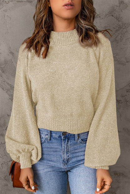 Ribbed Trim Balloon Sleeve Sweater Cream