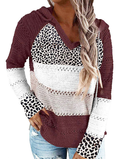 Full Size Openwork Leopard Drawstring Hooded Sweater Burgundy