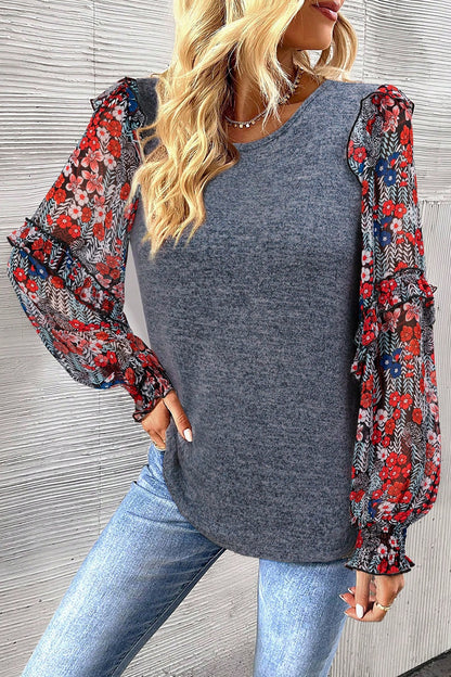 Heathered Floral Frill Lantern Sleeve Blouse Dark Gray