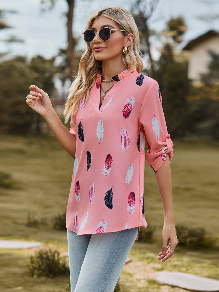 Printed Roll-Tab Sleeve Notched Neck Blouse