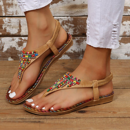 Beaded PU Leather Open Toe Sandals Caramel