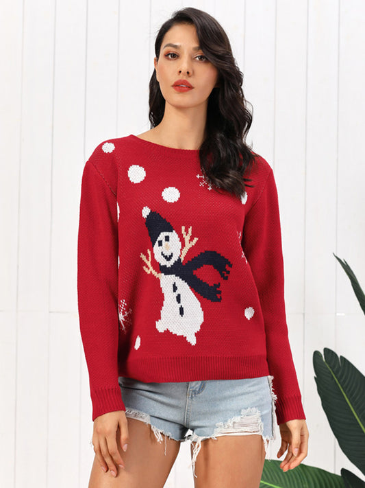 Snowman Round Neck Sweater Deep Red