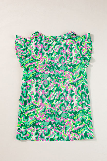 Green Abstract Print Ruffled Trim Tied Split Neck Tank Top