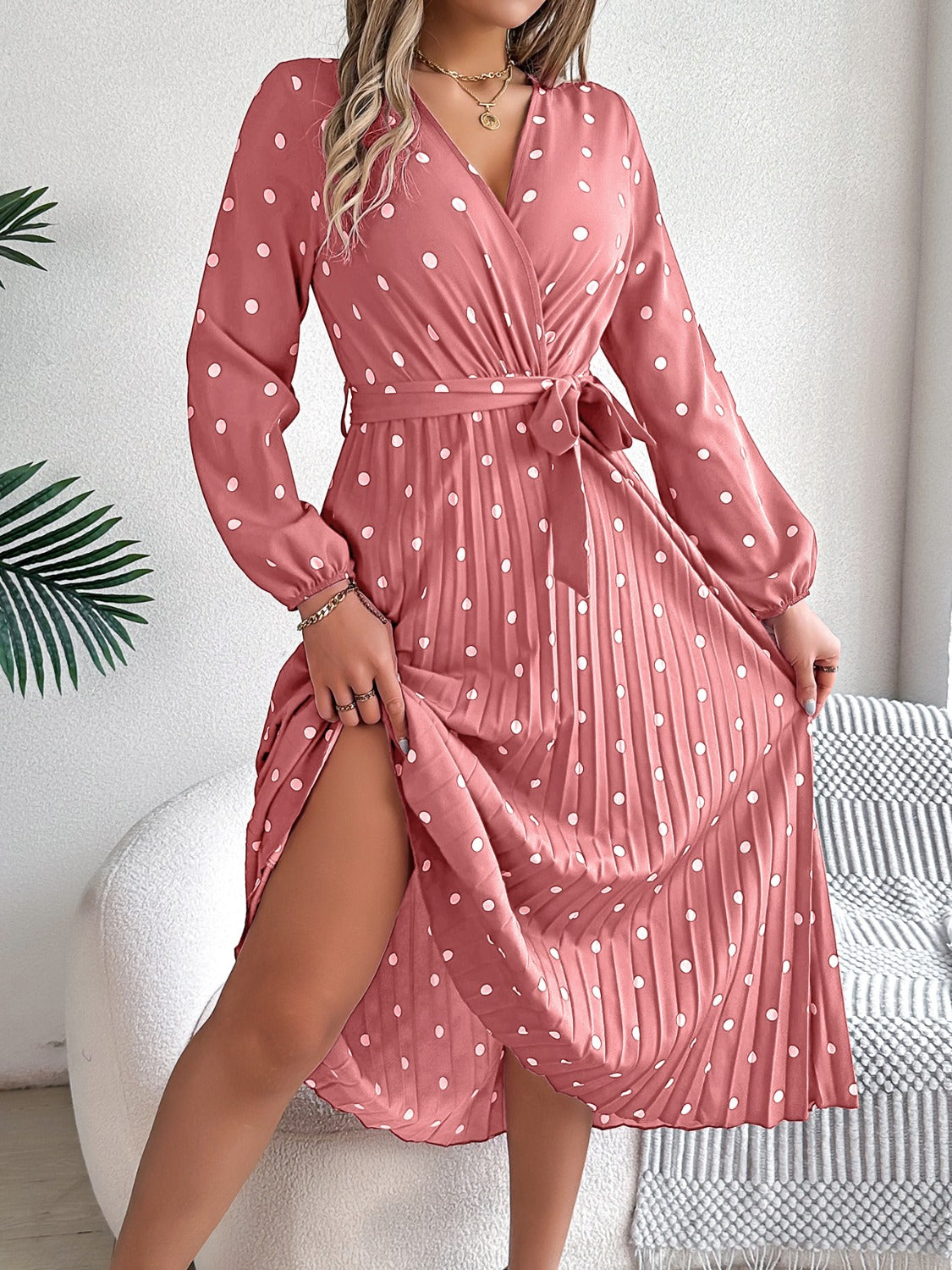 Tied Polka Dot Long Sleeve Midi Dress Dusty Pink