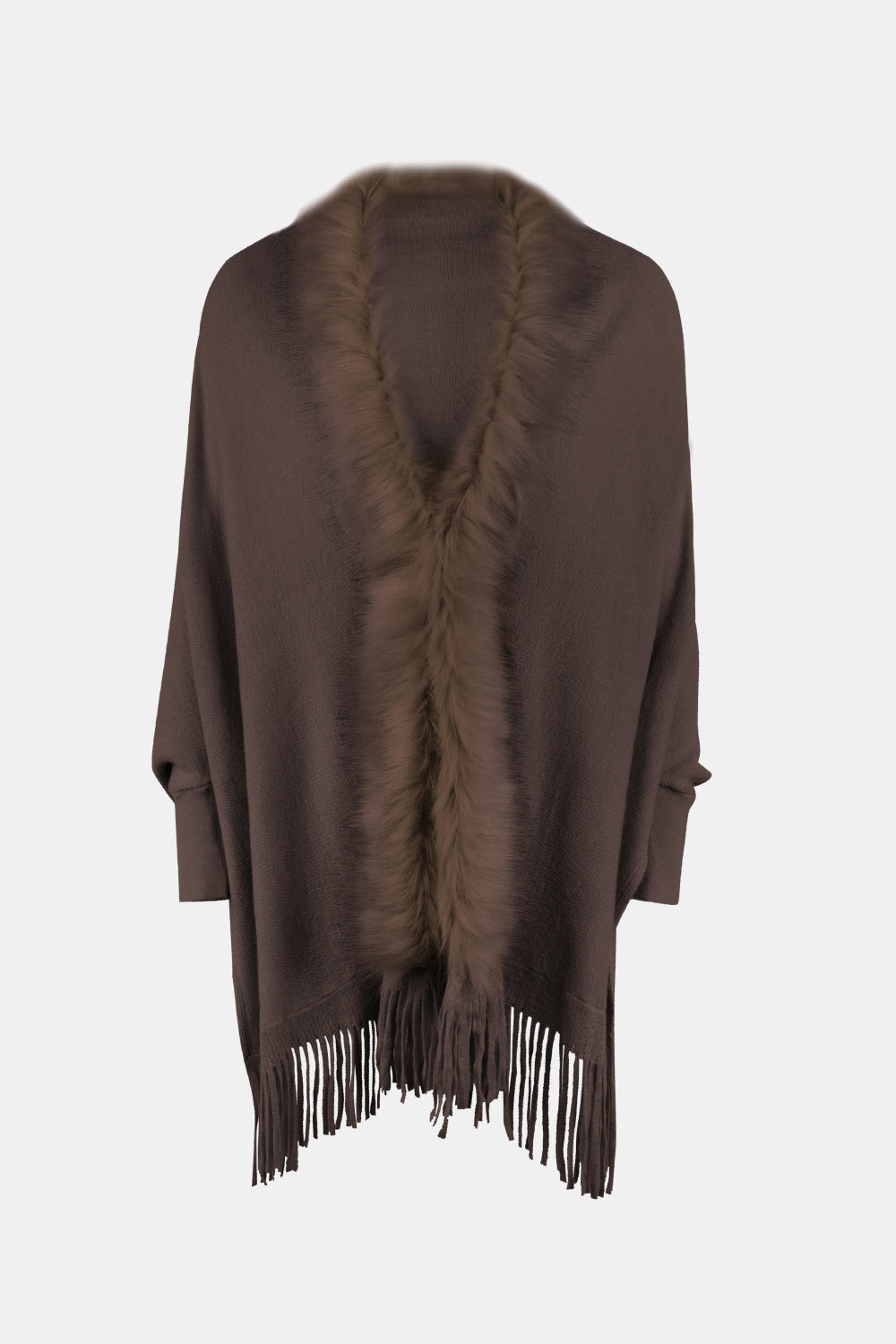 Fringe Open Front Long Sleeve Poncho Chocolate One Size