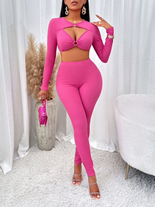 Cutout Cropped Top and Leggings Set Hot Pink