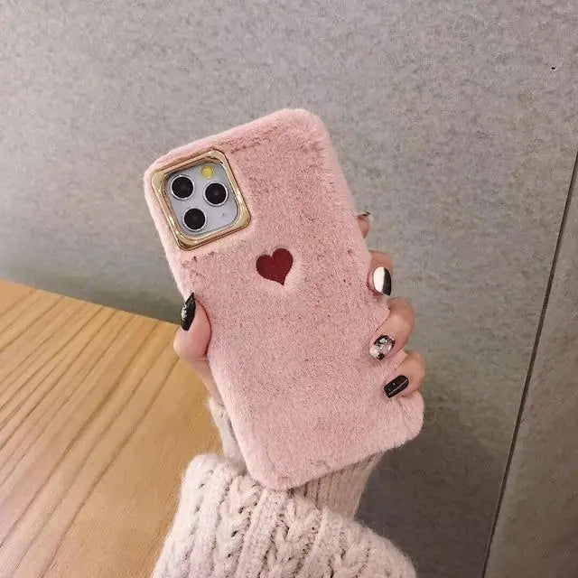 Cute Fluffy Heart Phone Case Pink iPhone 13 Pro Max