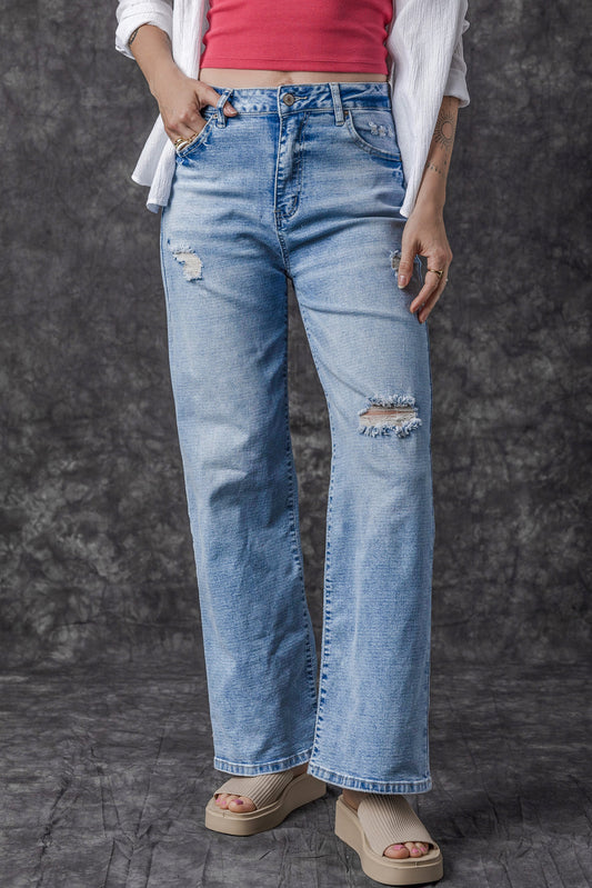 Light Blue High Rise Distressed Straight Leg Jeans Light Blue 65%Cotton+33%Polyester+2%Elastane