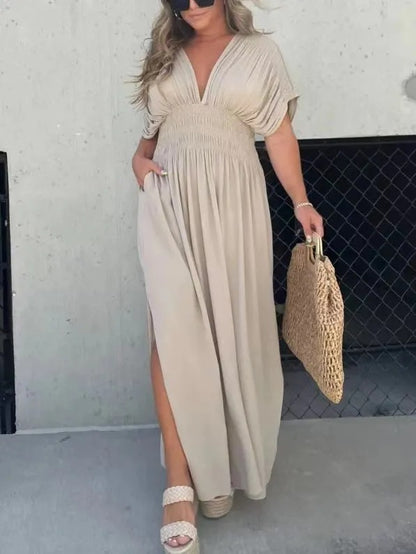 Fashion Bat-sleeved V-neck Slit Dress Summer Short Sleeve Elastic Waist Long Dresses Womens Clothing Khaki