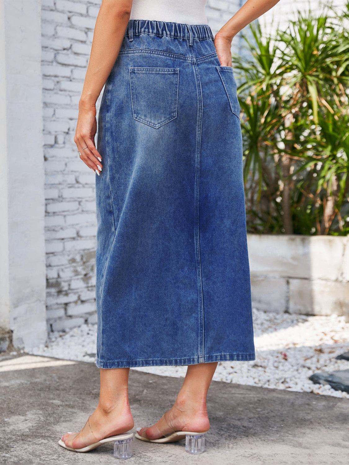 Slit Midi Denim Skirt with Pockets - Thandynie