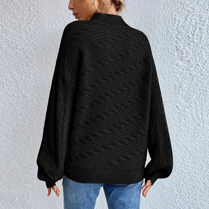 Cable-Knit Mock Neck Long Sleeve Sweater