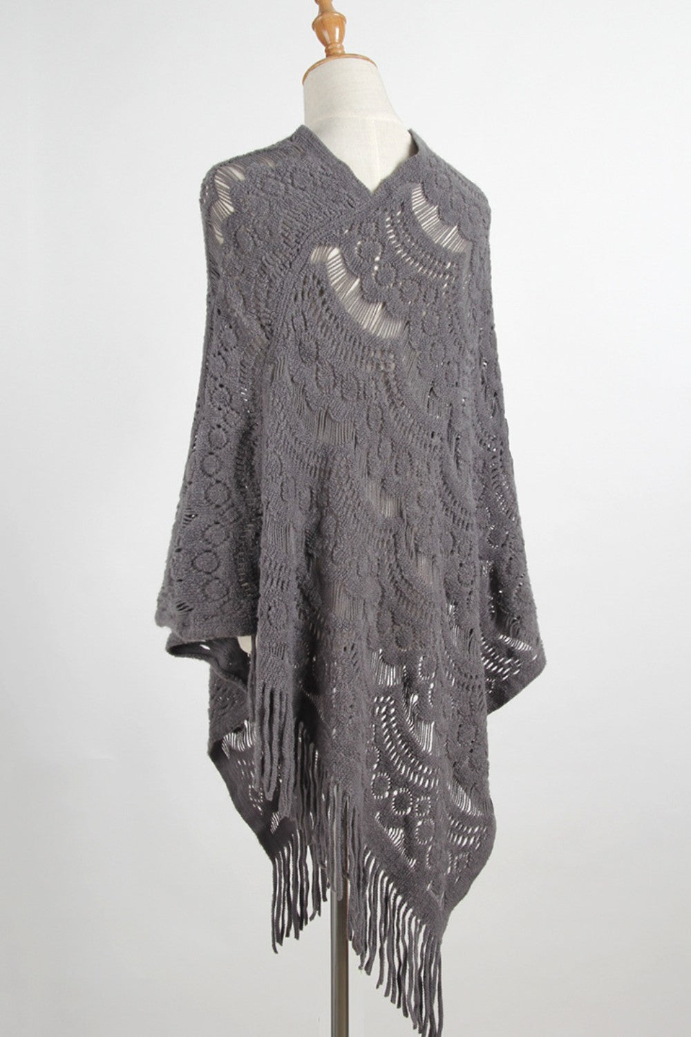 Fringe Openwork Surplice Cape Sleeve Poncho - Thandynie