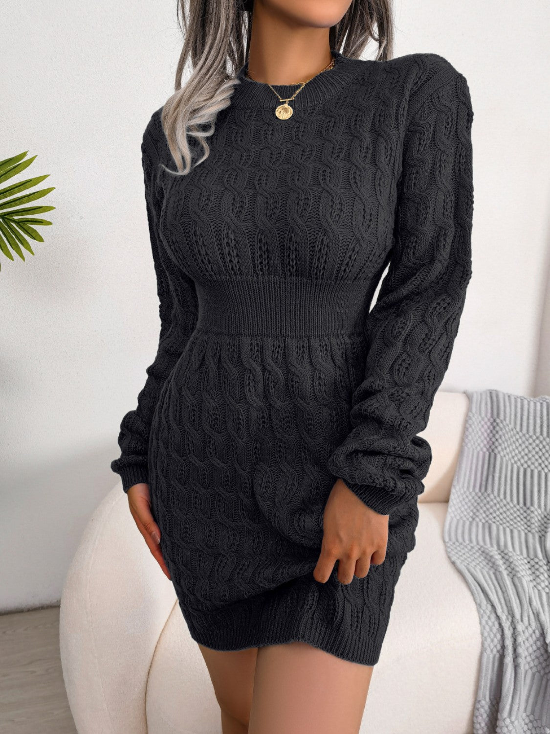 Cable-Knit Round Neck Mini Wrap Sweater Dress Black