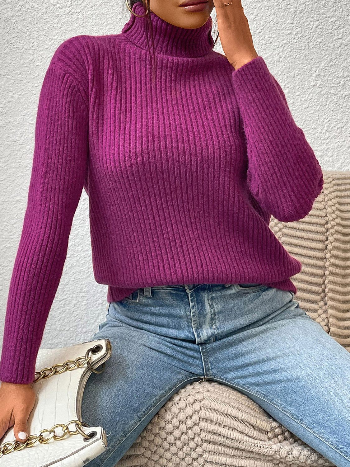 Ribbed Turtle Neck Long Sleeve Sweater Red-Violet