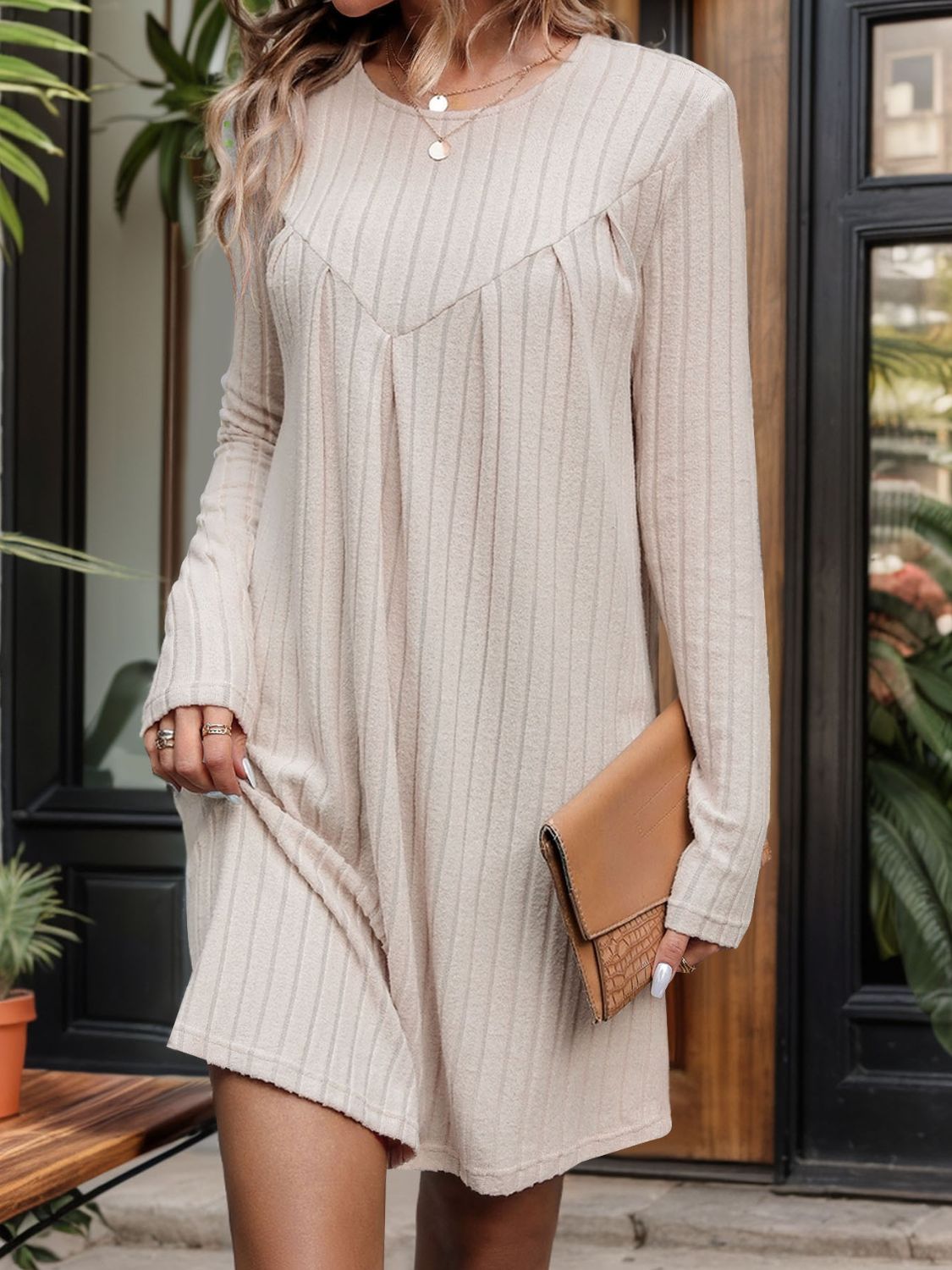 Round Neck Long Sleeve Mini Dress Cream