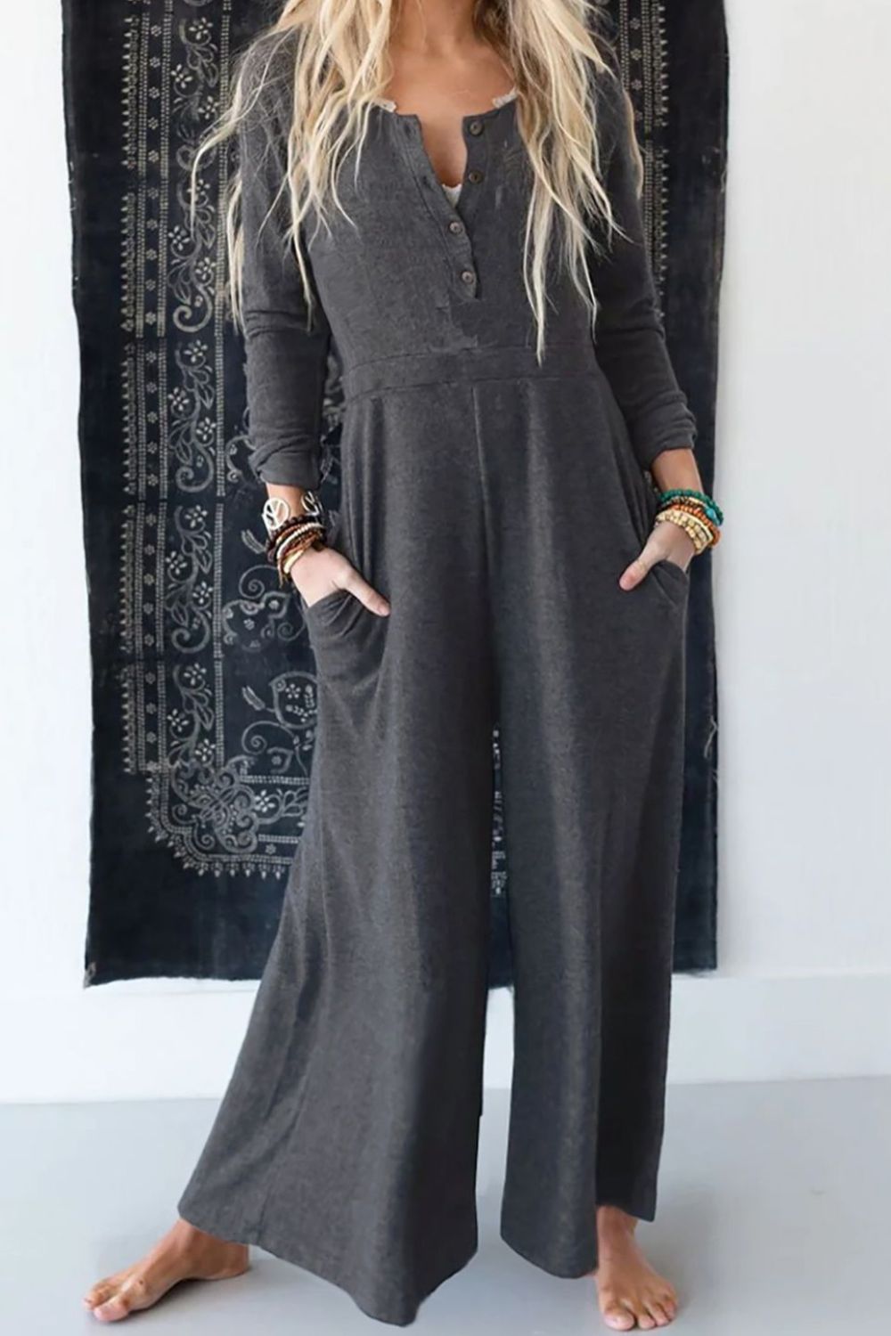 Pocketed Long Sleeve Wide Leg Jumpsuit Dark Gray