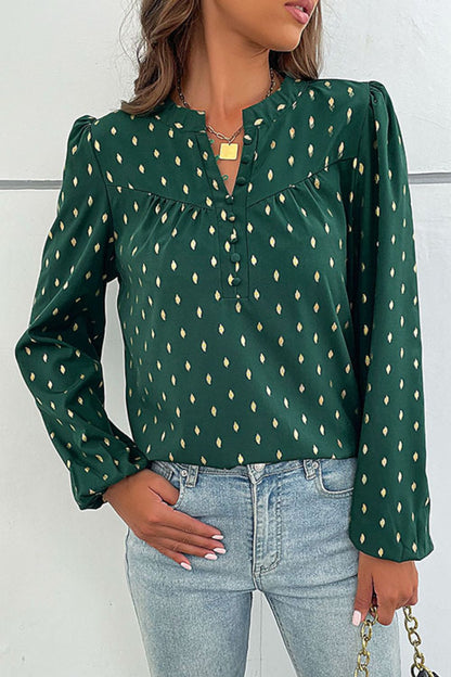 Printed Buttoned Puff Sleeve Blouse Green