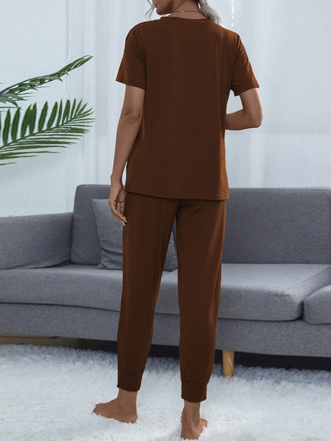 Shiny Round Neck Top and Pants Lounge Set