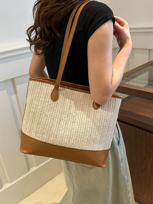 Contrast Straw Woven Tote Bag Brown One Size