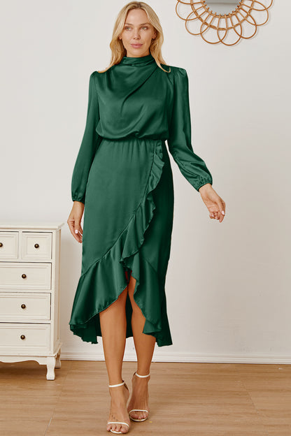 Mock Neck Ruffled Asymmetrical Dress Dark Green