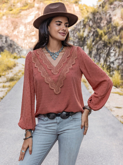 Swiss Dot V-Neck Blouse Rust